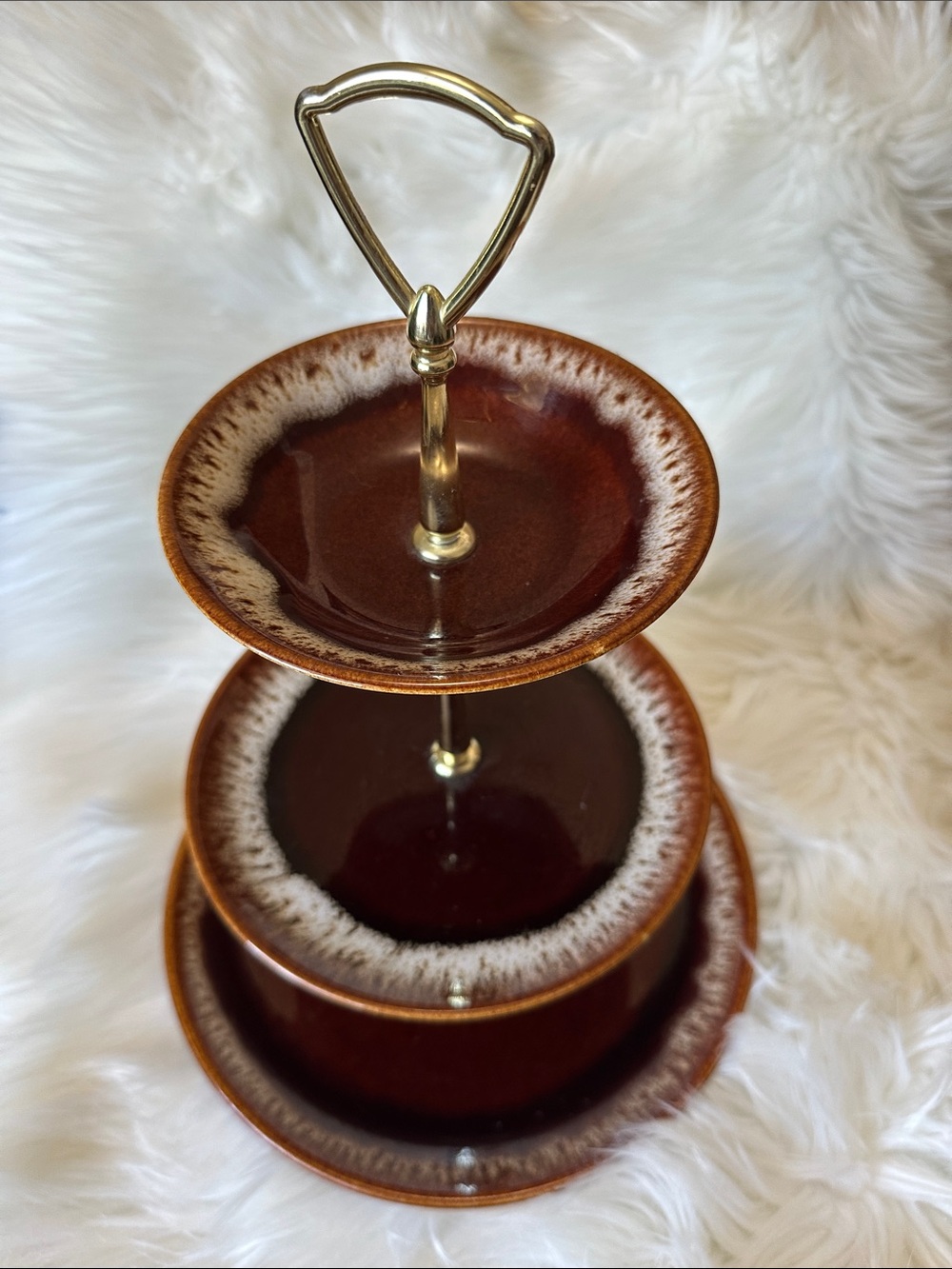 Vintage mid-century brown drip glaze 3-tier tiered serving tray